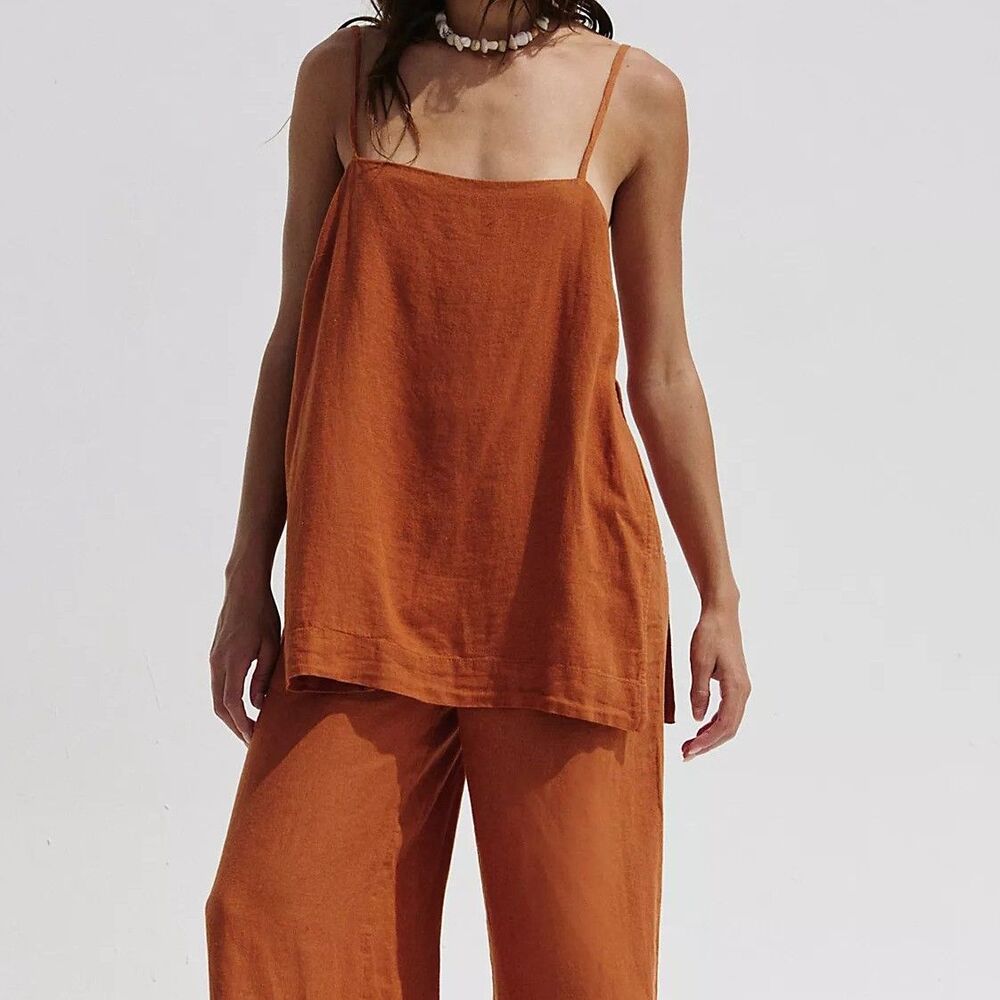 Free People Free-Est Sightseer Linen Tank Tunic Top Sleeveless Breezy M 291061